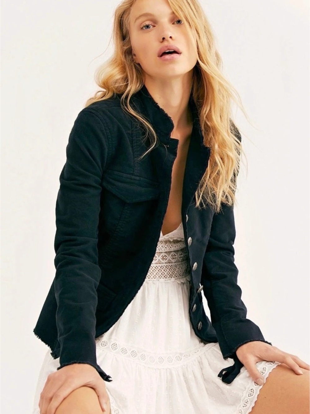 Free People Ella Sergeant Military coat Jacket Black Lace-Up Sleeve size S small